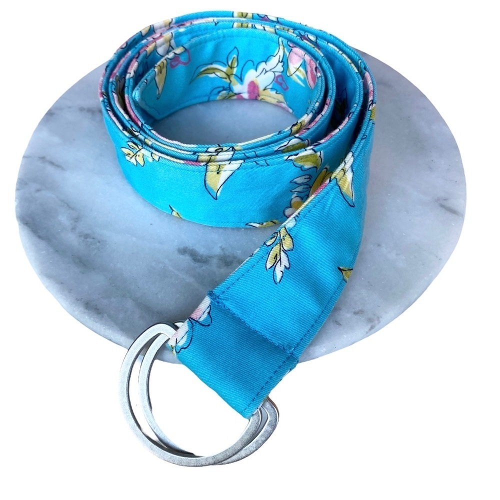 Fabric Belt D Ring Size Large / 16 Floral Aqua Adjustable Tulips Pastel